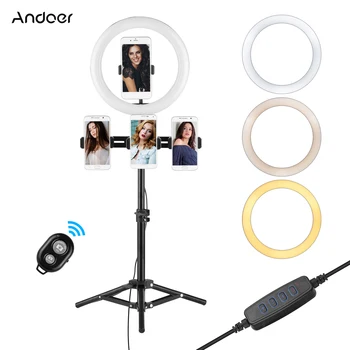 

Andoer Video Streaming Kit with 10inch LED Ring Light Ball Head Tripod Remote Shutter with 4 Phone Holders
