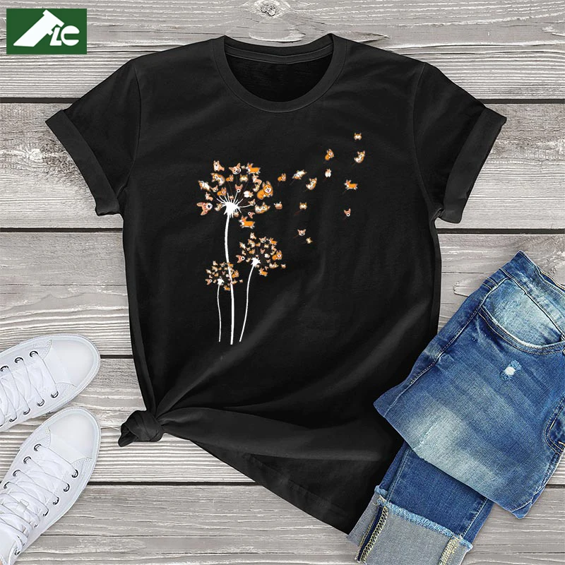 

Funny Graphic Dandelion Dog T Shirts for Women Girl Kawaii Clothes Unisex Casual Woman TShirts Corgi Short Sleeve Ladies Tops