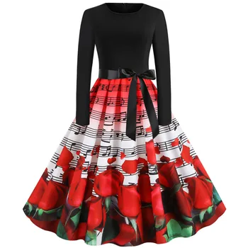 

Musical Note Dresses Women 50S 60S Vintage Floral Robe Swing Pinup Elegant Party Dress Long Sleeve Casual Plus Size Print Black