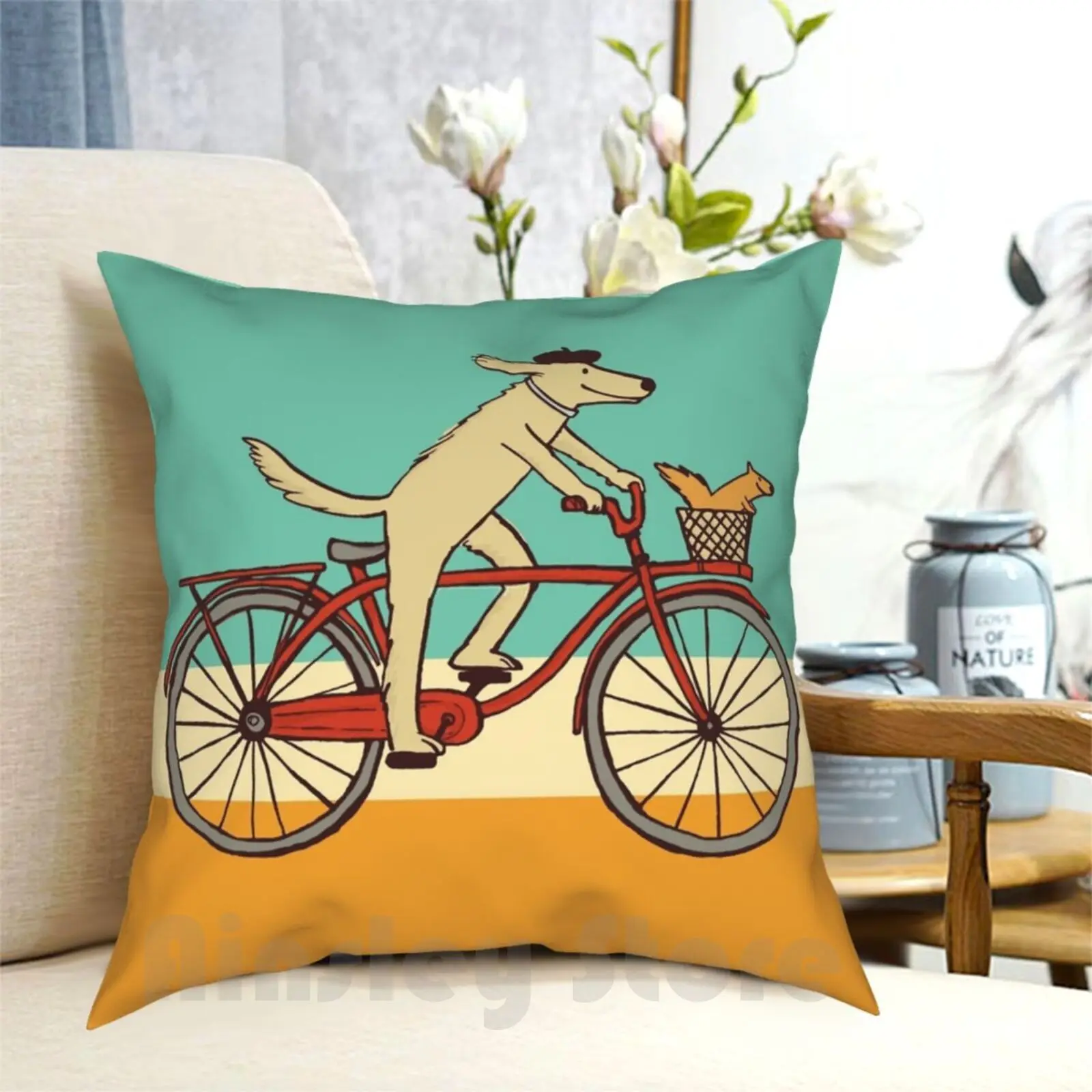

Dog And Squirrel Are Friends | Whimsical Animal Art | Dog Riding A Bicycle Pillow Case Printed Home Soft Throw Pillow