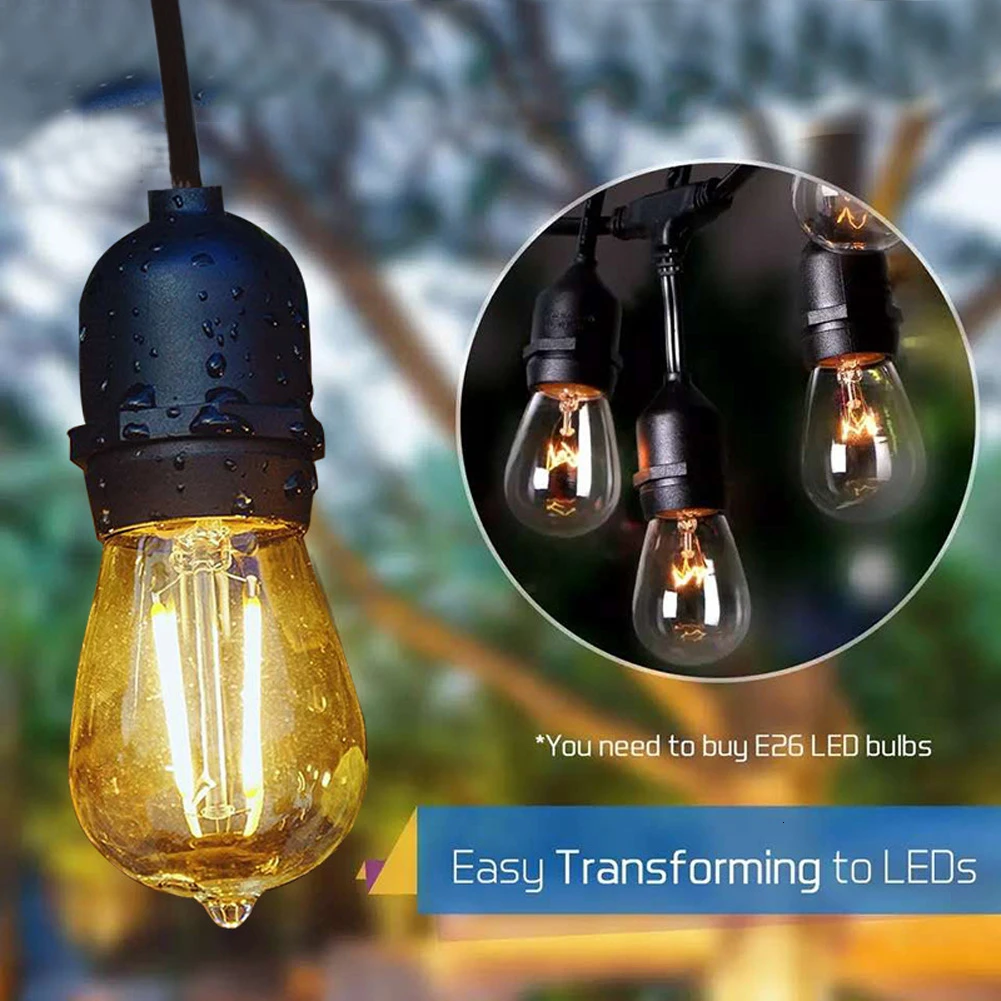 

49 Ft Outdoor String Lights Long Patio Weatherproof Commercial Party Christmas Halloween Backyard Deck Lights 15 Sockets Bulbs