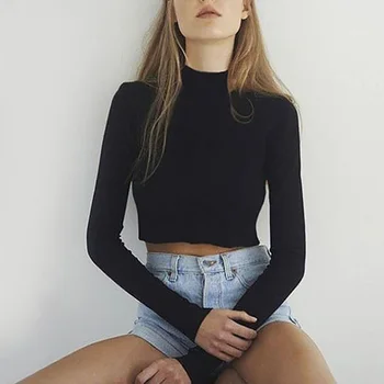 

Women Slim Elastic Turtleneck Solid Crop Tops Girl Short T-Shirts Tees Female Autumn Short Casual T-shirt