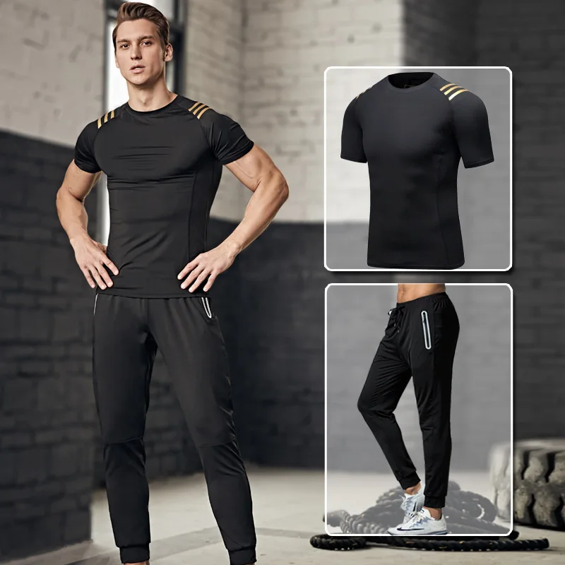 

2019 New Style Gym Athletic T-shirt Short Sleeve Set Men's Two-Piece Set Quick Drying Clothes Summer Men Fitness Suit