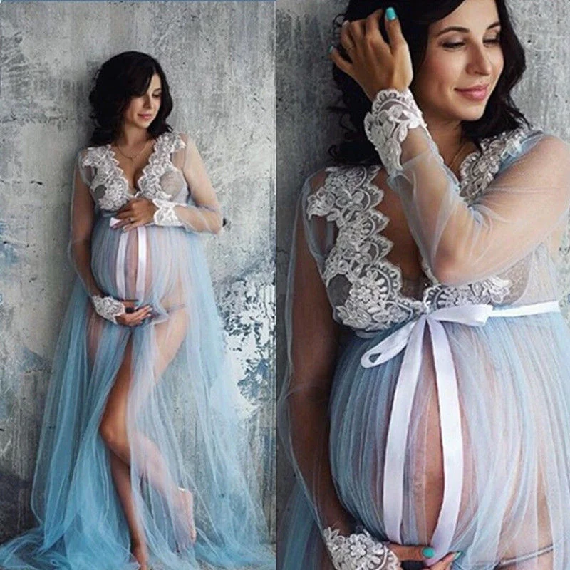 Pregnant Women Lace Up Long Sleeve Maternity Dress Ladies Maxi Gown Photography Photo Shoot Clothing Clothes