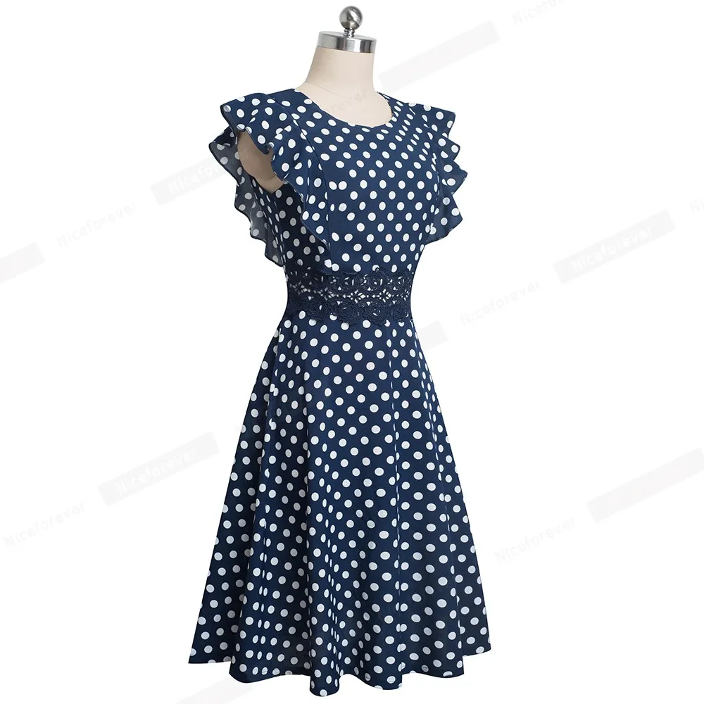 Хорошее-forever ретро в горошек с рюшами рукав vestidos с кружевом вечерние женские качели расклешенное женское платье A175