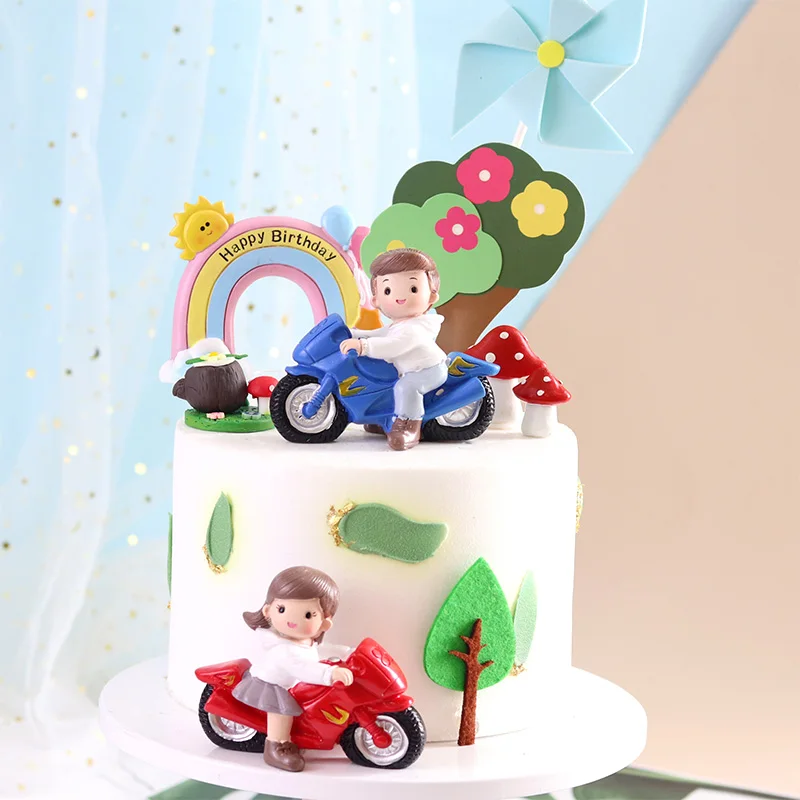 

Happy Birthday Decoration Motorcycle Boy Girl Cake Topper Baby Shower Resin Riding Ornament Racer Theme Dessert Baking Supplies