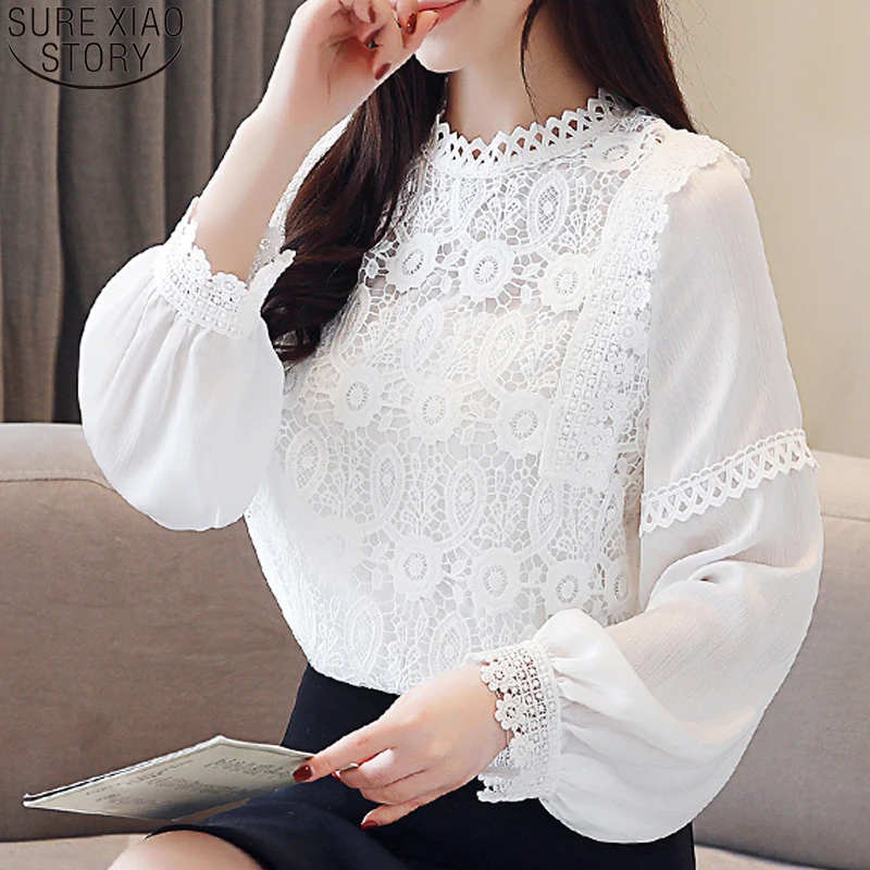 

Casual Women Tops Spring Blouses New Fashion 2019 Lace Women Blouses Long Sleeve O-neck Hollow Out Solid Women Clothing 5590 50