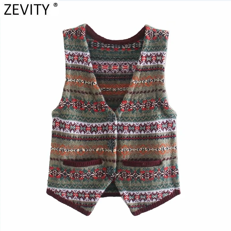 Женский трикотажный жилет Zevity в стиле Инди с V-образным вырезом и цветочным