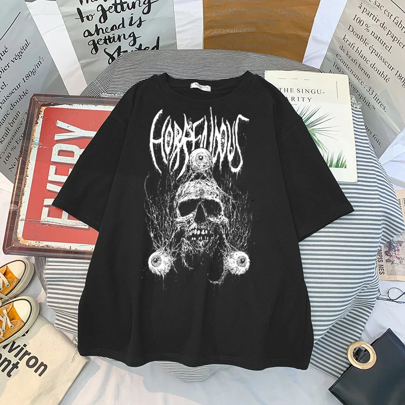 Summer Goth Female Horror Skull Loose men and womenT-shirt Punk Dark Grunge Streetwear gothic Top T-shirts Harajuku y2k clothes white t shirt for men Tees