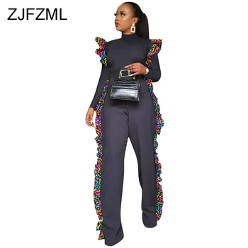 

Sexy Printed Ruffles Overalls for Women Turtleneck Long Sleeve Slim Ladies Jumpsuit 2019 Fall Winter Plus Size Elegant Playsuit
