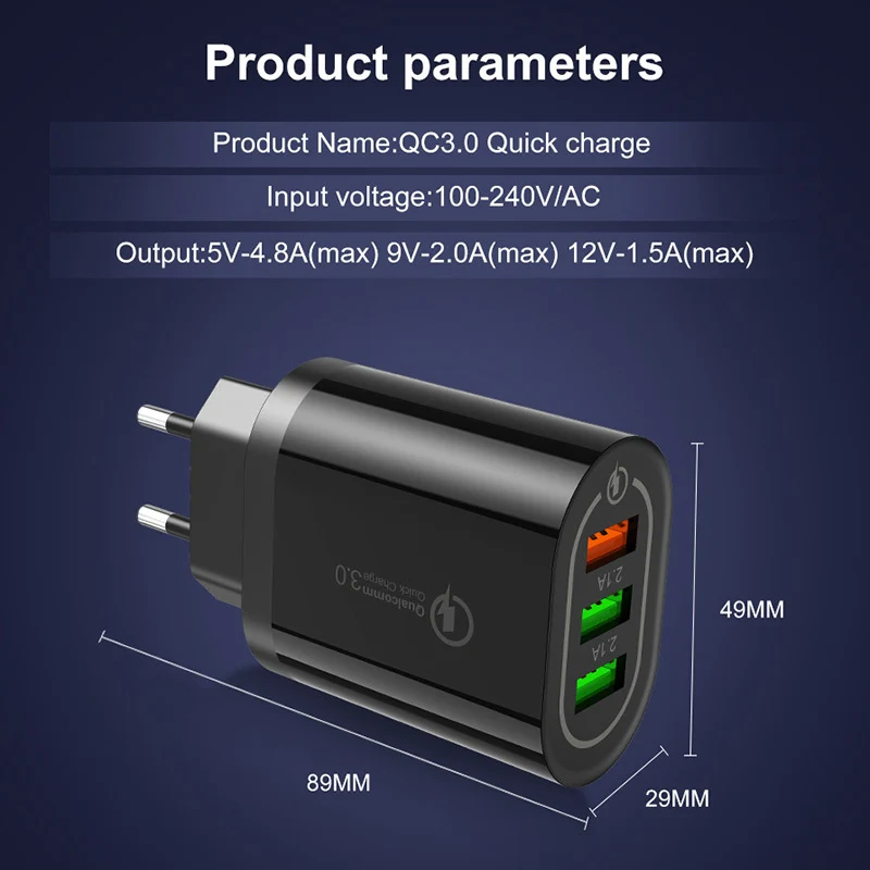 3 порта 2.4A USB QC3.0 зарядное устройство для мобильного телефона 5 В/9 В/12 в быстрое