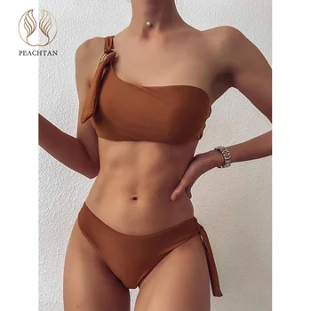 

Peachtan Sexy one-shoulder bikinis 2020 mujer Bandeau push up swimsuit women Low waist swimwear female Solid bathing suit New