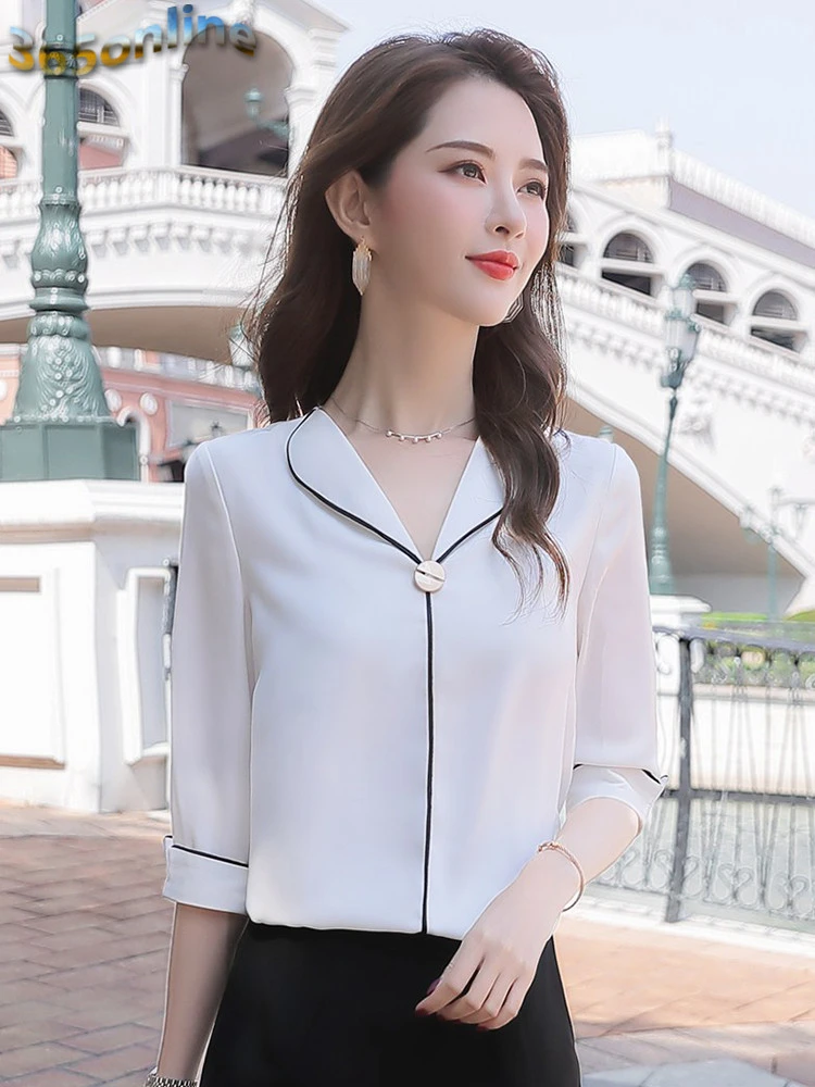 Blusa informal de media para mujer, blanca elegante para trabajo de negocios, estilo primavera y verano|Blusas y camisas| - AliExpress