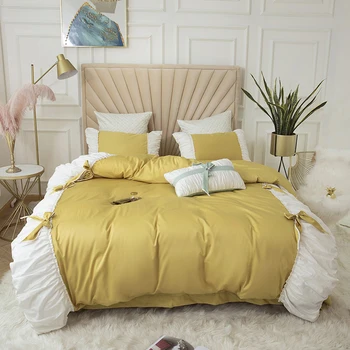 

Yellow Pink Green 100% Cotton Princess Girl Bedding Set White Ruffle Splice And Bowknot Duvet Cover Bed Shett/Linen Pillowcases