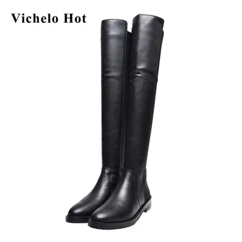 

Vichelo Hot natural leather round toe med heel Korean street pretty girls daily wear comfortable modern over-the-knee boots L01