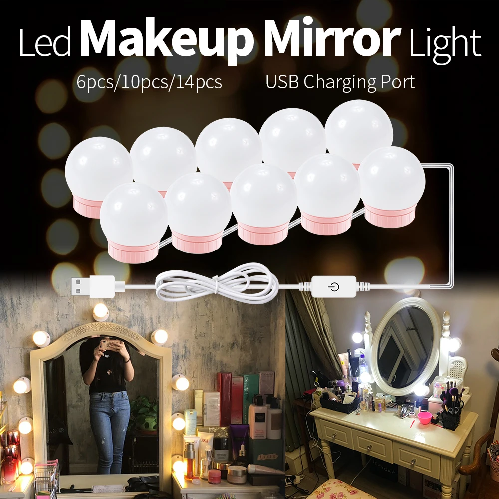 

USB LED Vanity Mirror Lights Kit Touch Dimmable Light 6 10 14 Bulbs Makeup Dressing Table Beauty Lighting Led Mirror Wall Lamp