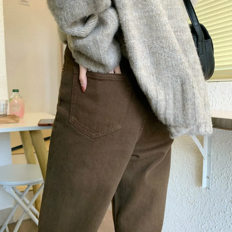 Jeans Women Solid Straight High Waist Jean Retro Korean Style BF Autumn Ankle-length Causal Denim Womens Simple Ins Trendy Daily