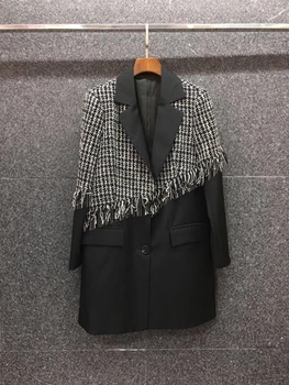 

2020 New Style for Autumn and Winter Women's Clothing Collar Plaid ni liao Woven ding zhu Chain Decoration Long Sleeve Suit 906