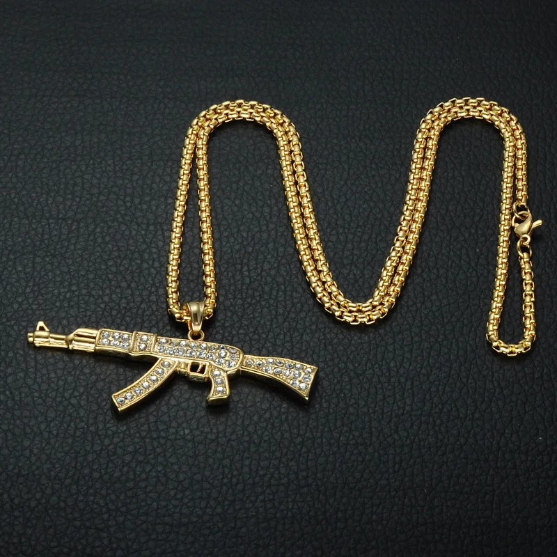 Ожерелье в европейском стиле с подвеской в виде пистолета, 4 размера, цепочка в стиле хип-хоп для мужчин и женщин, ювелирное изделие золотого цвета, бижутерия из нержавеющей стали, ожерелье AK47