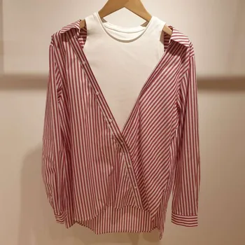 

Fake Two Piece Women Open Shoulder Blouse Ladies 2020 Sping Summer Patchwork Stripes Female Long Sleeve Shirt And Top
