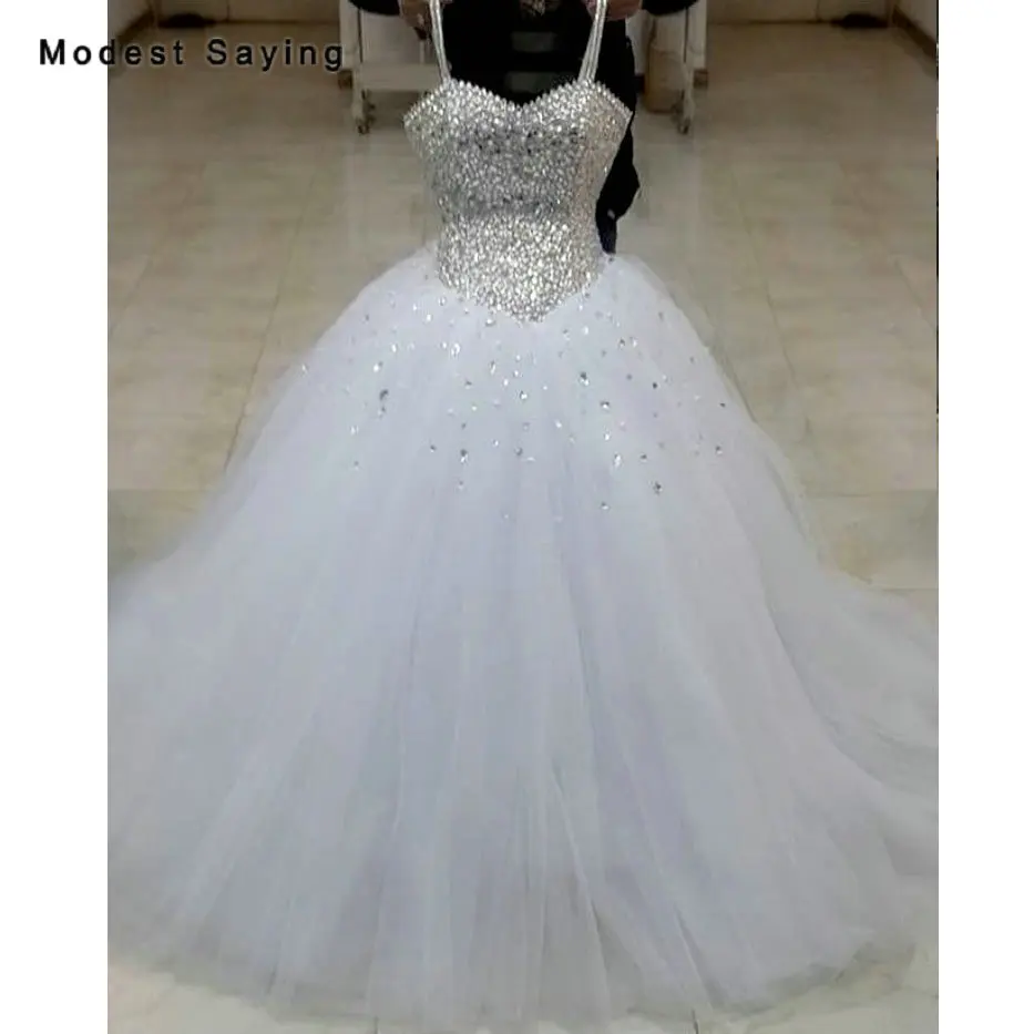 Sexy White Ball Gown Silver Sweetheart Rhinestone Wedding Dresses 2019 with Straps Lace Up Back Bridal Gowns vestidos de noiva | Свадьбы и