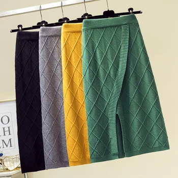 

Winter women's skirt woolen knitting A line skirt women's rhombus midi split high waist large elasticity