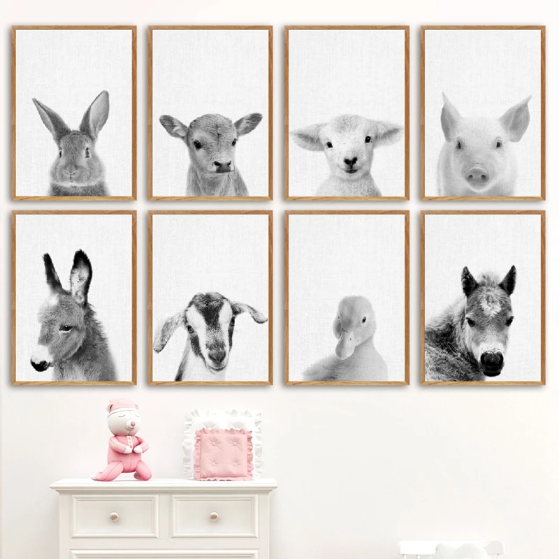 Farm Animals Nordic Posters and Prints Modern Nursery Wall Decor Horse Duck Donkey Cow Pig Photo Art Canvas Painting Pictures | Дом и сад