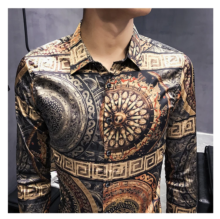Роскошная рубашка, мужские рубашки в стиле барокко, модная рубашка Camisa social club, для ночного клуба Slim Fit masculina
