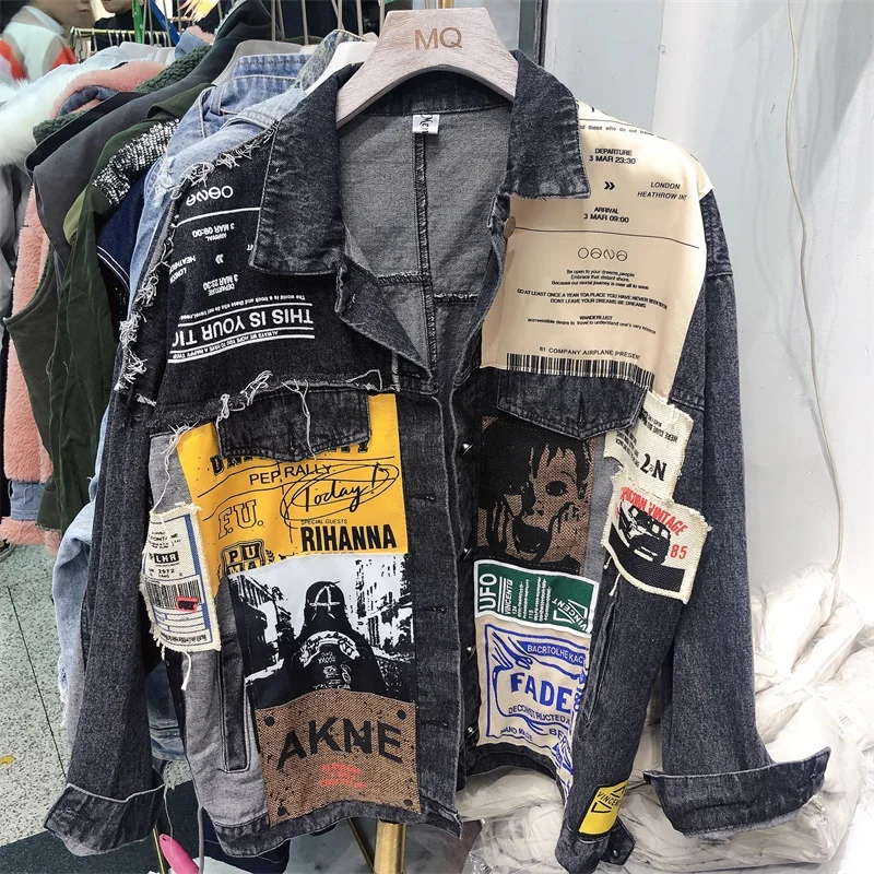 

2020 Spring Black Denim Jacket for Women Asymmetrical Loose Splicing Washing Cowboy Jean Coat Femme Student Streetwear Jackets