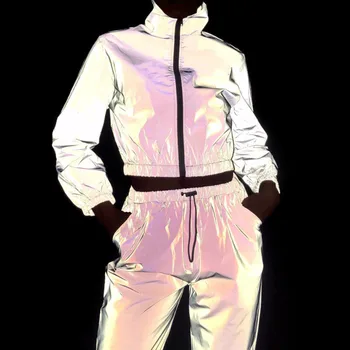 

tracksuit for women 2 Piece Set Hip Hop Reflective Crop Top Pants Fashion Female Loose Zipper Jacket Matching Sets Plus Size