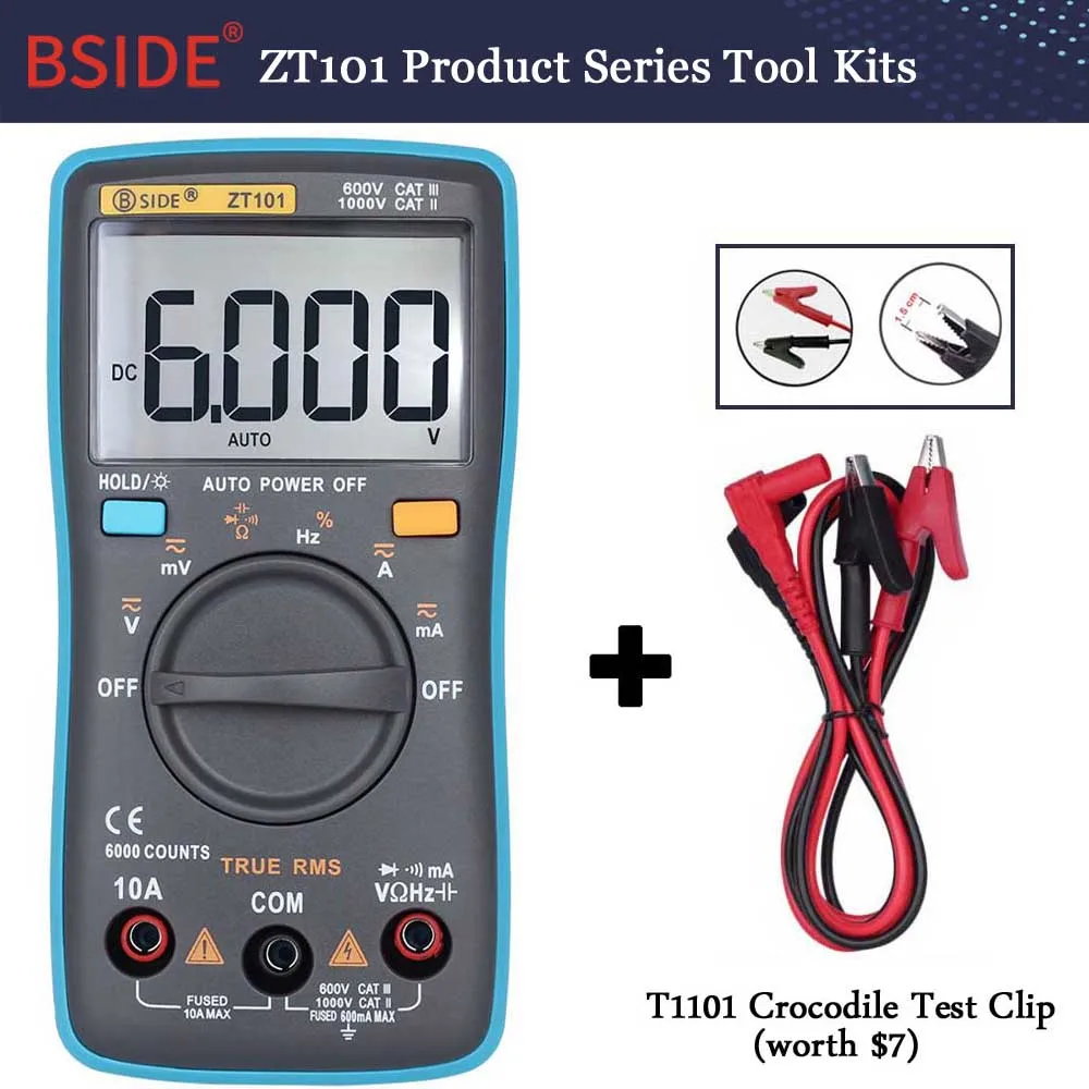 ZT101 With T1101 Цифровой мультиметр BSIDE ZT101 302 True RMS Автоматический диапазон Multimetro Вольтметр Амперметр емкость температура Ом Гц NCV тестер - Цвет: ZT101 With T1101