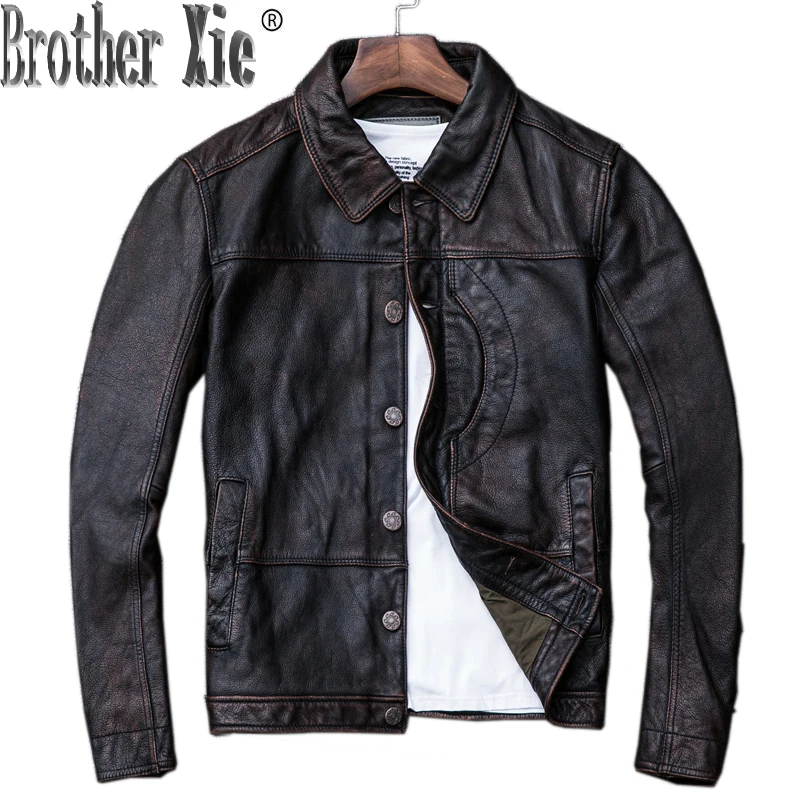 

Real Cowhide Genuine Jacket Leather Men Short Vintage Autumn Cow Leather Jackets and Coats Motorcycle Veste Cuir Homme KJ2237