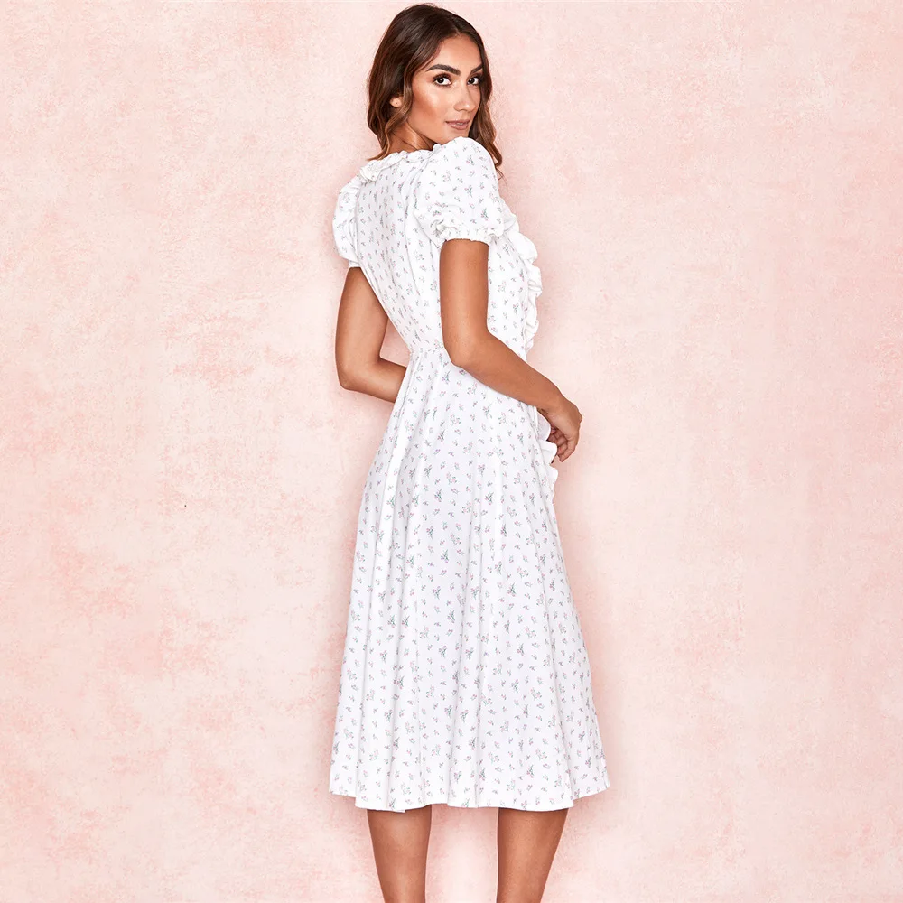 DEAT 2020 Summer New Arrival Streetwear Floral V-neck Short Sleeve Lotus Leaf Lace Irregular Slim Dress Women SE059