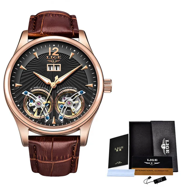 LIGE, роскошные брендовые водонепроницаемые военные спортивные мужские часы, мужские часы с двойным Tourbillon, автоматические механические часы, мужские часы - Цвет: Rose gold black