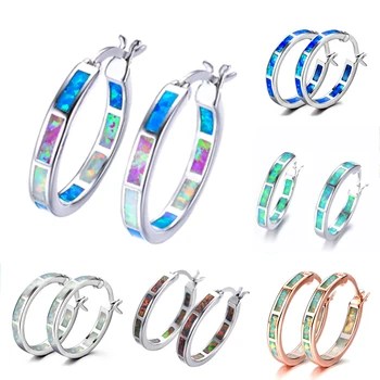 

Charm Female Blue White Rainbow Opal Earrings Small Round Circle Hoop Earrings For Women 925 Sterling Silver Wedding Earrings