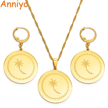 

Anniyo Micronesia Chuuk Flag Pendant Necklace Earrings sets for Women Girls Gold Color Coconut Tree & Stars Jewelry Gift #137721