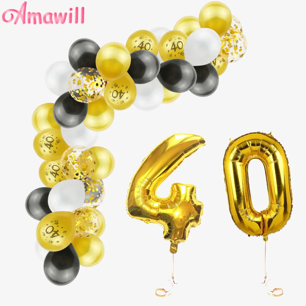 Amawill 40th Birthday Balloon Arch Kit Party Decoration Latex Confetti 32inch Foil Number 40 Years Old Supplies 7D | Дом и сад