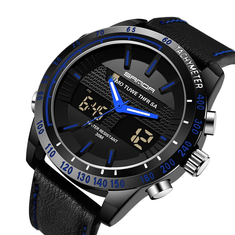 

Sports Mens Watches SANDA Dual Display Brand Waterproof Leather Watches Men Military LED Digital Quartz Watch Relogio Masculino