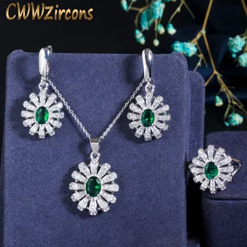 

CWWZircons 3pcs Lovely Sun Flower CZ Stone Green Crystal Necklace Earring Ring Set Fashion Brand Women Jewelry Accessories T282