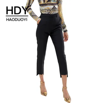 

HDY Haoduoyi 2019 New Pants Women Cropped Trousers Black Straight Front Easy To Wear