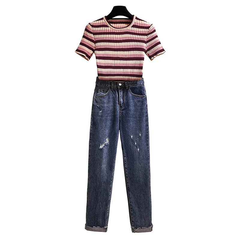 

Elegant Wind Rainbow Stripe Sweater Stretch Knit Tall Waist Denim Pants Casual 2 Pcs Clothing Set Outfit Student Suit Women