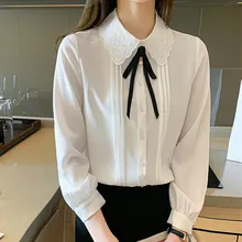 Korean Women Chiffon Shirt Women Embroidered Blouse Shirts Woman Bow Long Sleeve Shirts Top Plus Size Woman Hollow Out Blouses
