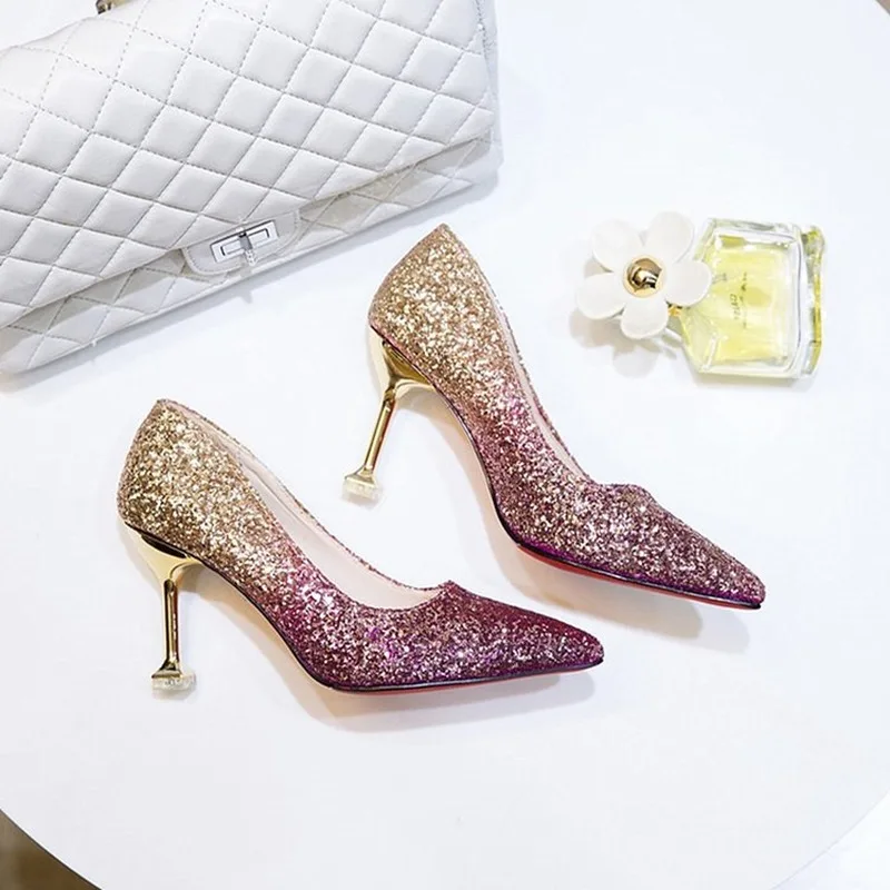 

Spring and Autumn High Heels Female Fashion Sequins Pointed Stiletto Shallow Mouth Single Shoes Wedding Shoes Bridal Shoes S016