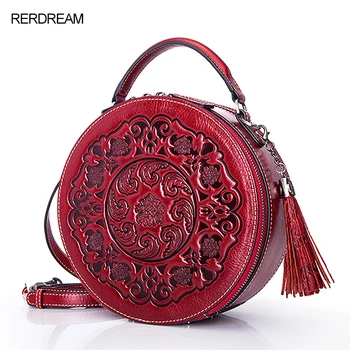 

New Round Bag Women's Leather Women's Bag Retro Shoulder Messenger Handbag Head Layer Cowhide Small Round Bag