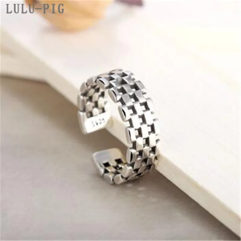 

LULU-PIGKorean 925 sterling silver vintage made with an open ring on an old Roman checkered watch bandJZ104
