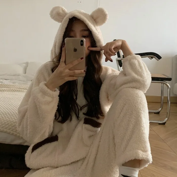 

Korean-style Autumn And Winter Cute Fluffy Hooded Pajamas Set Tracksuit Piece WOMEN'S Dress 2019 New Style