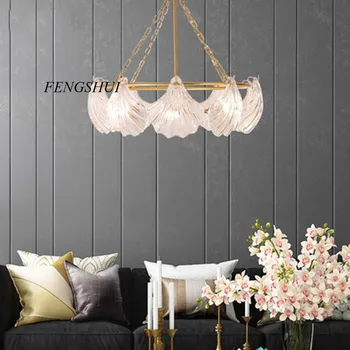 

Postmodern Led Luxury Brass Shell Glass Chandelier LOFT Restaurant Living Room Pendant Lamp Bedroom Bedside Decor Light Fixtures