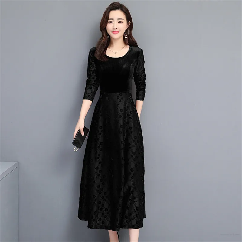 

Robe Elegant High Waist Plus Size Casual O-Neck Long Sleeve Vestido Winter Velvet Dress Autumn Women Female Mujer New 2019