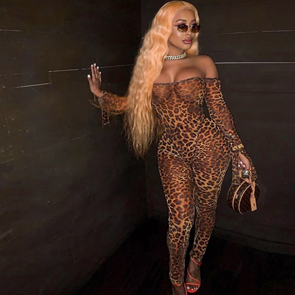 Sexy Women Mesh Sheer Leopard Print Ruffle Sleeve Long Jumpsuit Romper Clubwear
