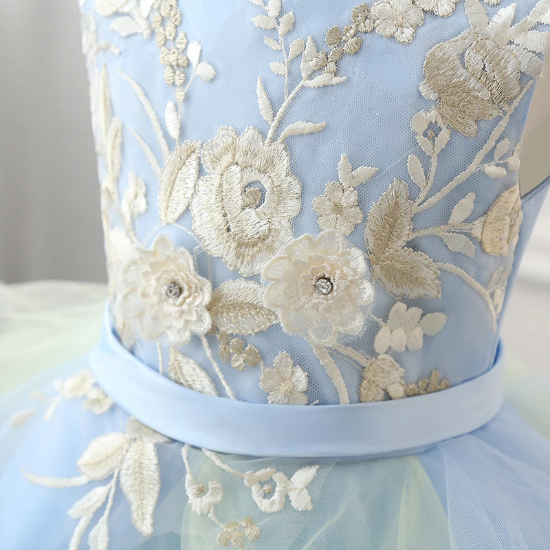 Голубая кружевная Апликация, платье с цветочным узором для девочек пышное платье принцессы с вышивкой детское бальное платье для